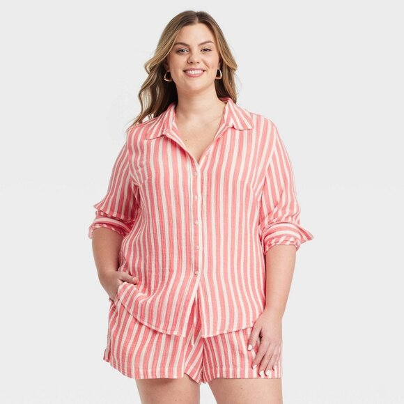 Universal Thread Tops - Women's Gauze Long Sleeve Collared Button-Down Shirt - Universal Thread Coral 4X